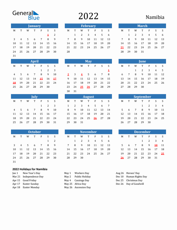 Namibia 2022 Calendar with Holidays