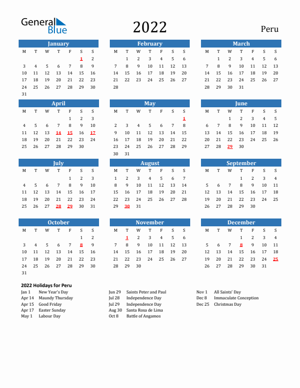 Peru 2022 Calendar with Holidays