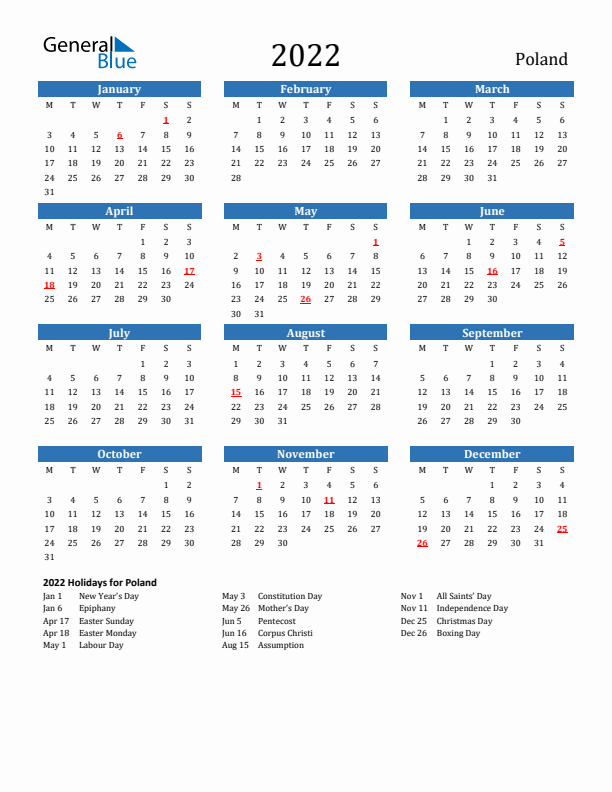 Poland 2022 Calendar with Holidays