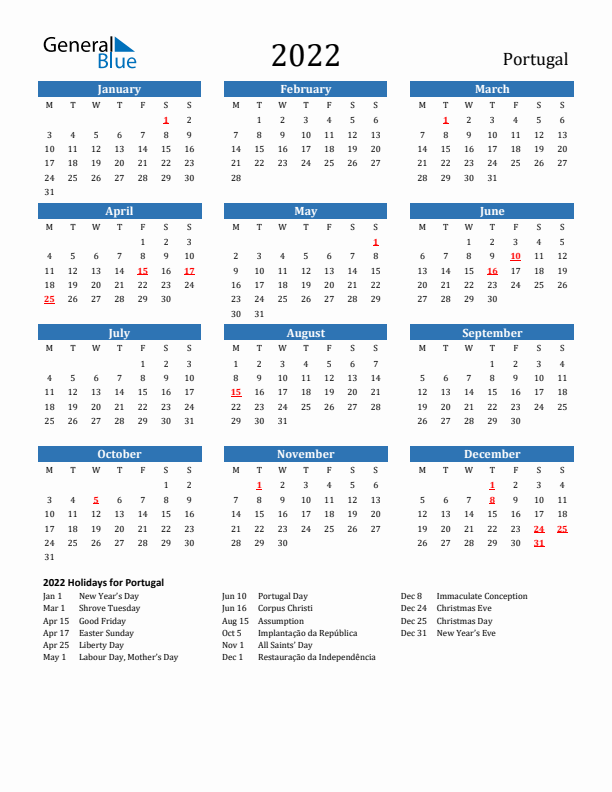 Portugal 2022 Calendar with Holidays