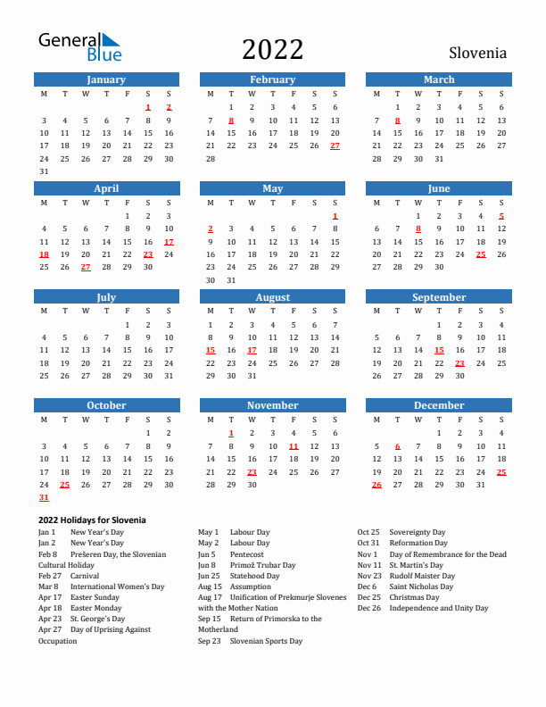 Slovenia 2022 Calendar with Holidays