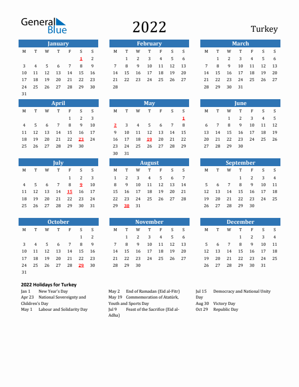 Turkey 2022 Calendar with Holidays