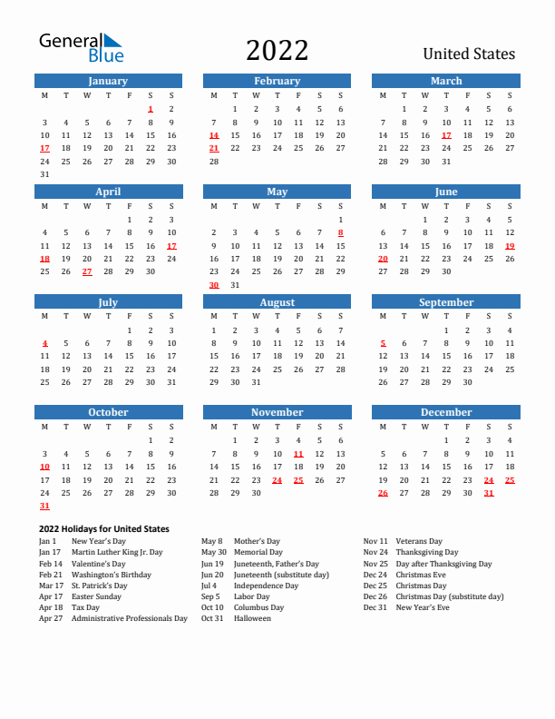 United States 2022 Calendar with Holidays