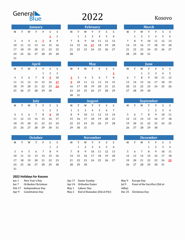 Kosovo 2022 Calendar with Holidays