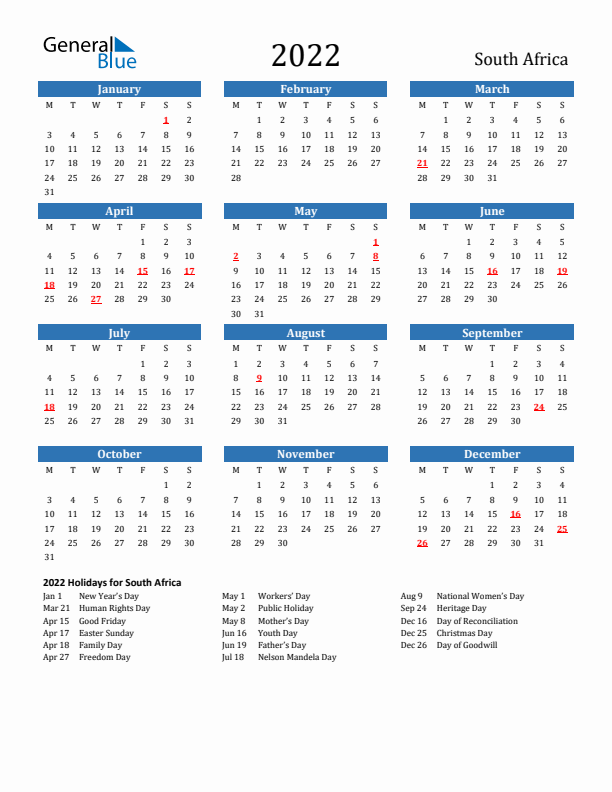 South Africa 2022 Calendar with Holidays