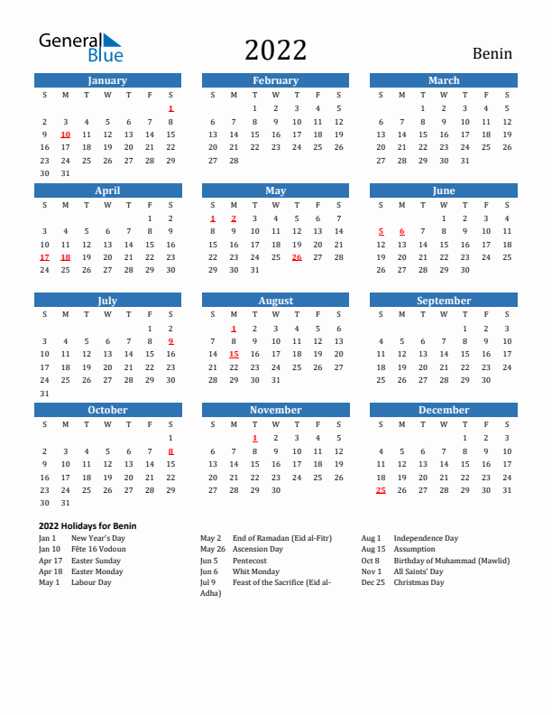 Benin 2022 Calendar with Holidays