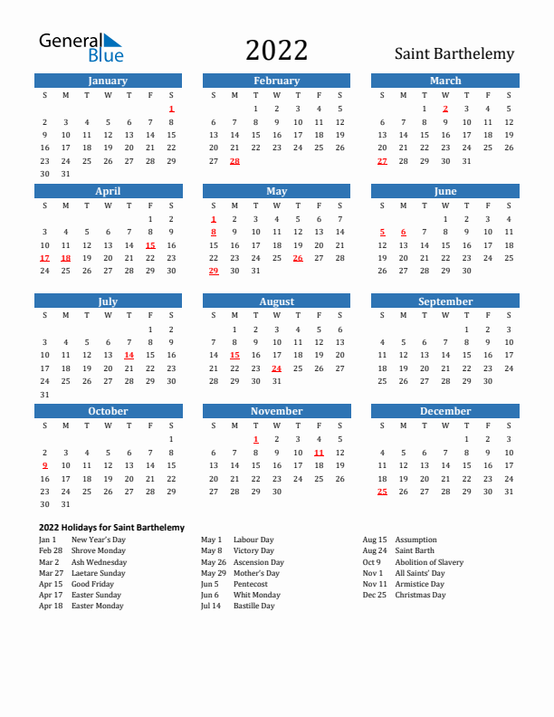 Saint Barthelemy 2022 Calendar with Holidays