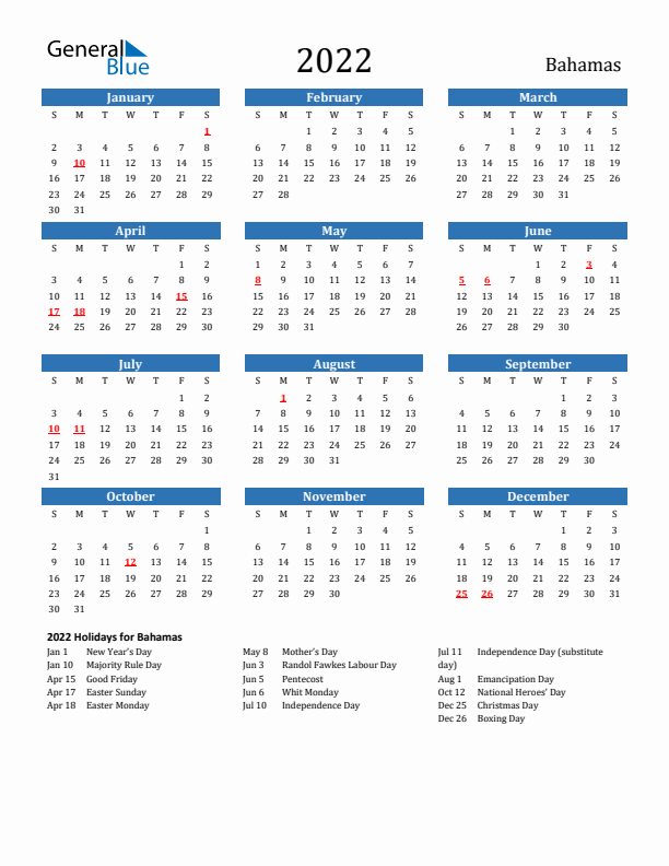 Bahamas 2022 Calendar with Holidays