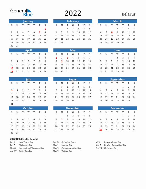 Belarus 2022 Calendar with Holidays