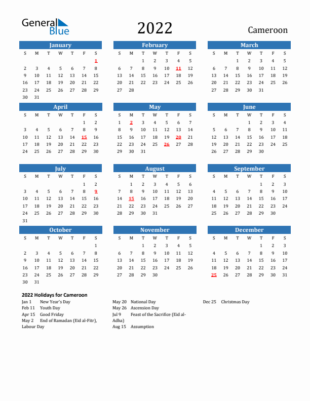 Cameroon 2022 Calendar with Holidays