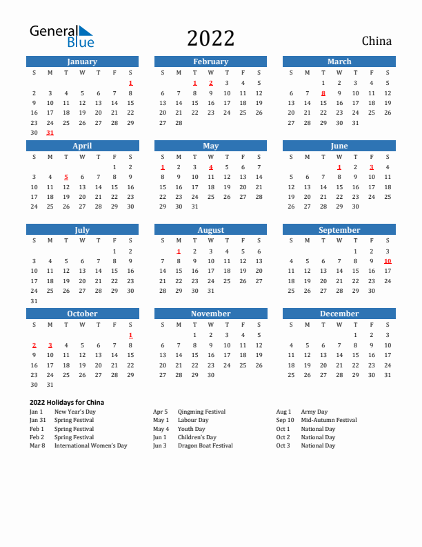 China 2022 Calendar with Holidays