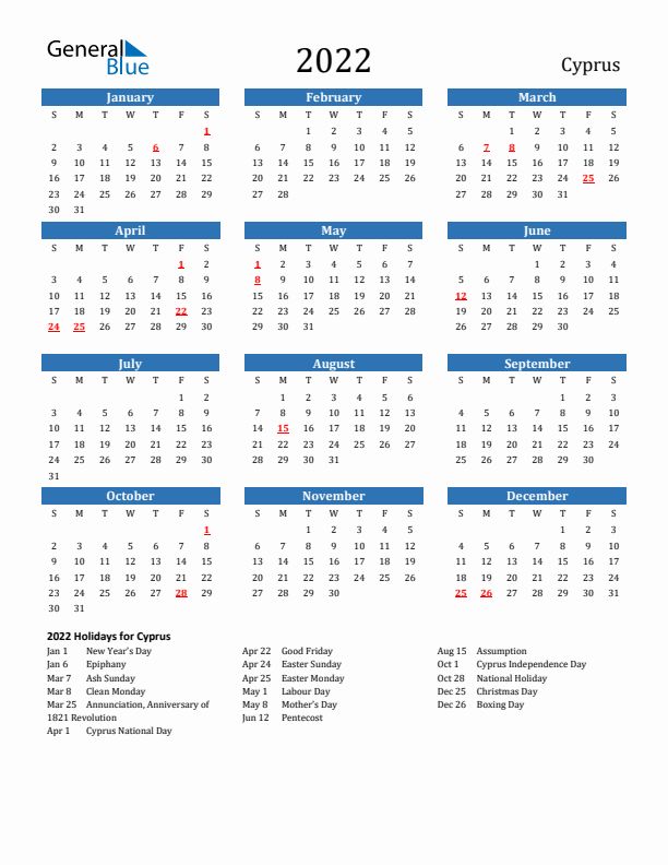 Cyprus 2022 Calendar with Holidays