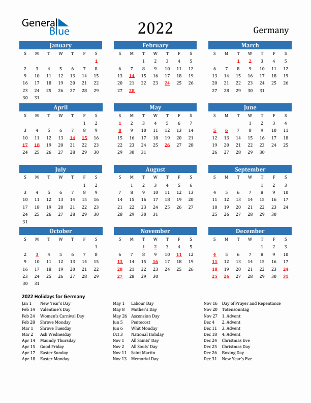 Germany 2022 Calendar with Holidays