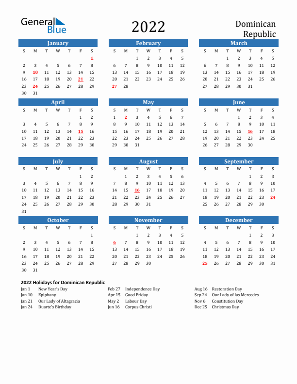 Dominican Republic 2022 Calendar with Holidays