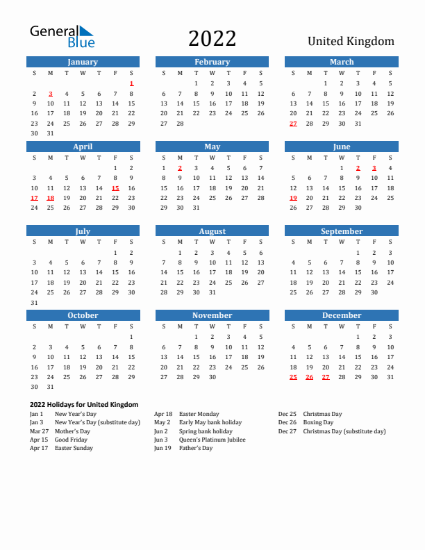 United Kingdom 2022 Calendar with Holidays