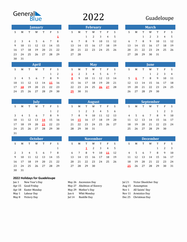 Guadeloupe 2022 Calendar with Holidays