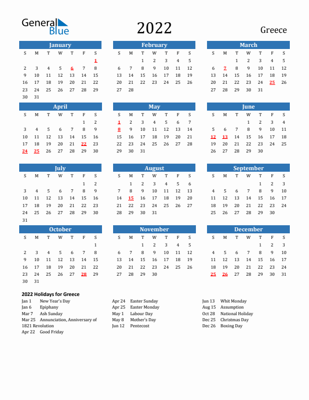 Greece 2022 Calendar with Holidays