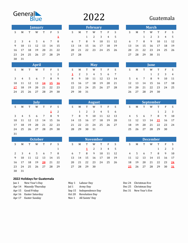 Guatemala 2022 Calendar with Holidays