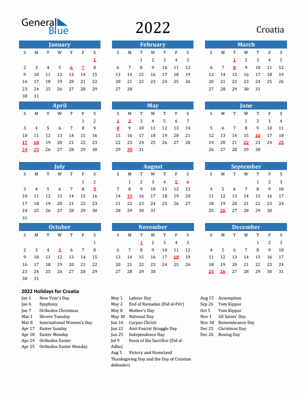 Croatia 2022 Calendar with Holidays