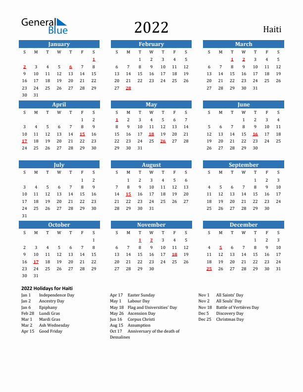 Haiti 2022 Calendar with Holidays