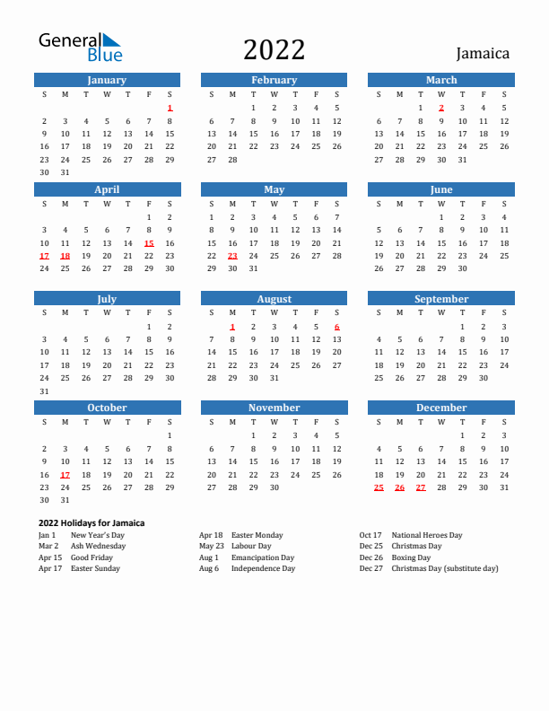 Jamaica 2022 Calendar with Holidays