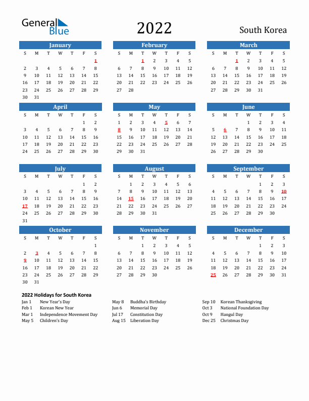 South Korea 2022 Calendar with Holidays