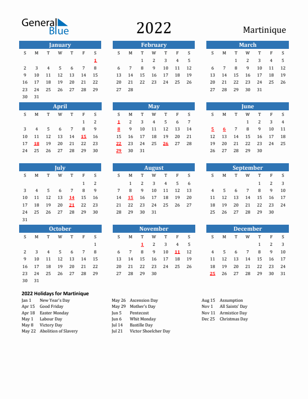 Martinique 2022 Calendar with Holidays