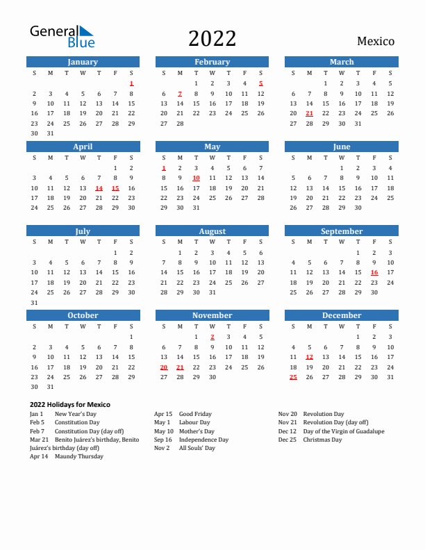 Mexico 2022 Calendar with Holidays