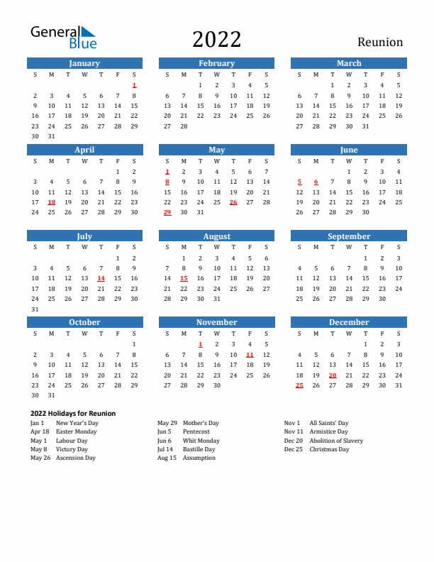 Reunion 2022 Calendar with Holidays