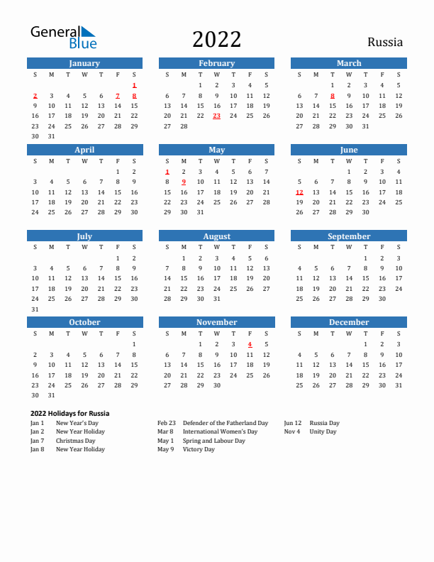 Russia 2022 Calendar with Holidays