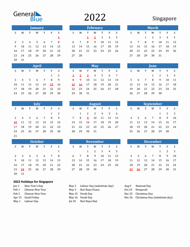 Singapore 2022 Calendar with Holidays