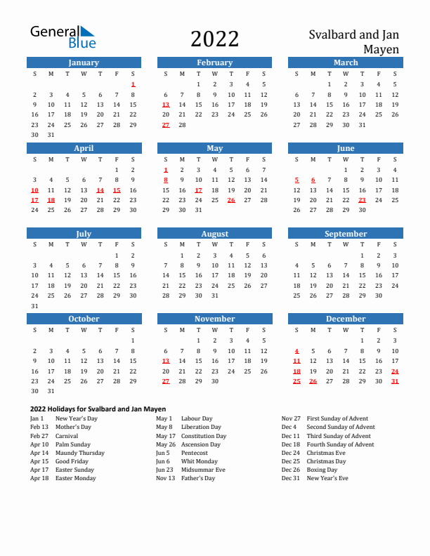 Svalbard and Jan Mayen 2022 Calendar with Holidays