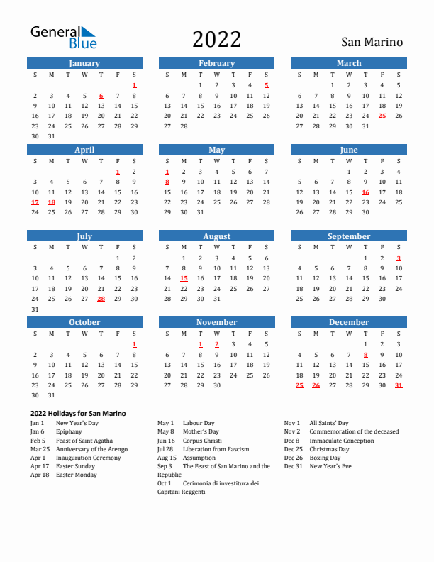 San Marino 2022 Calendar with Holidays