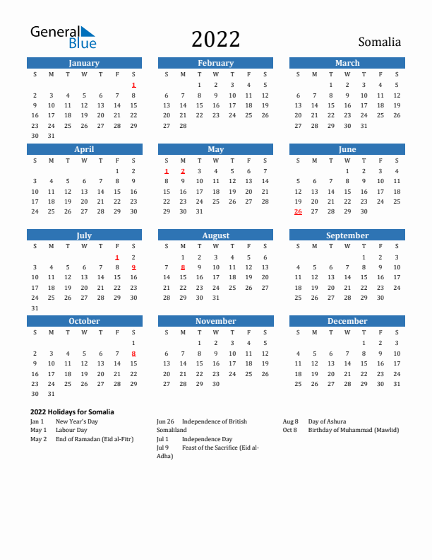 Somalia 2022 Calendar with Holidays