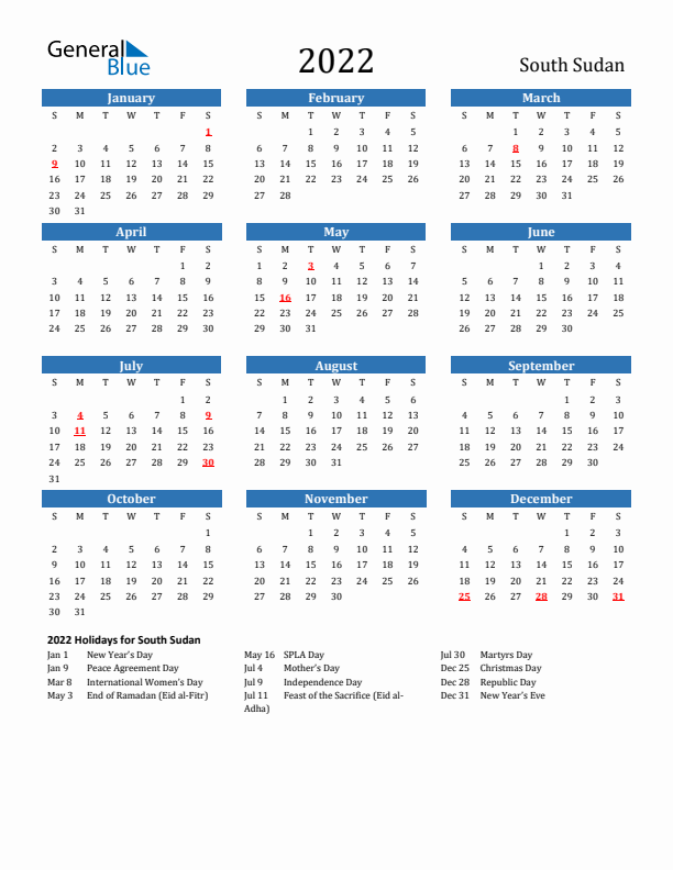 South Sudan 2022 Calendar with Holidays