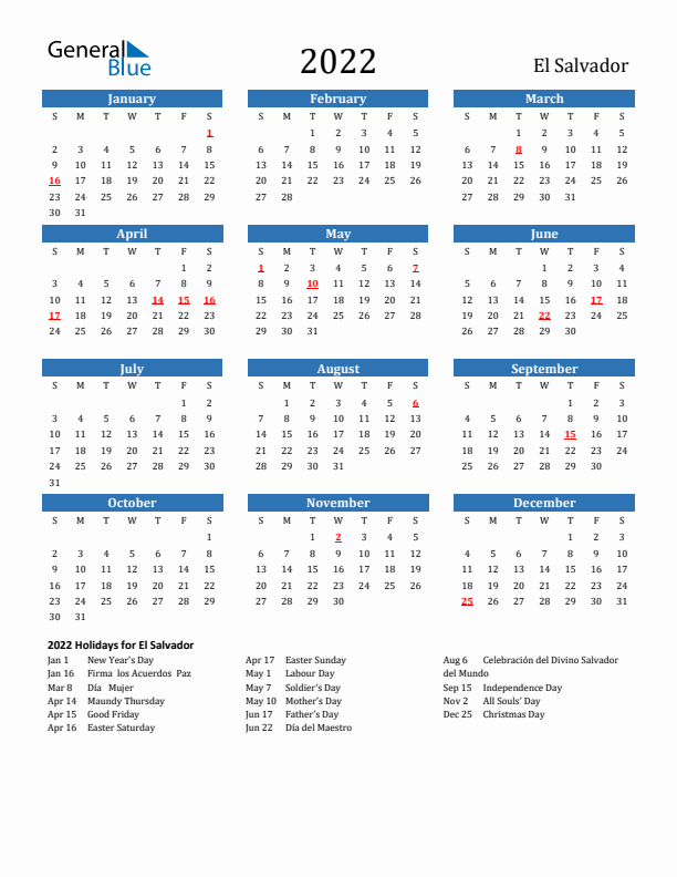 El Salvador 2022 Calendar with Holidays