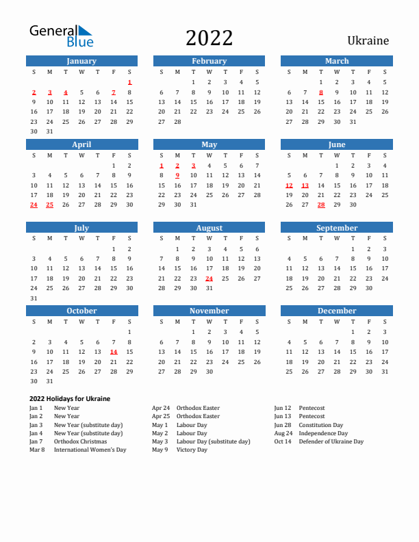 Ukraine 2022 Calendar with Holidays