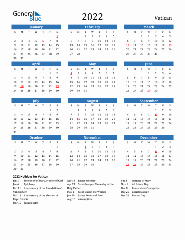 Vatican 2022 Calendar with Holidays