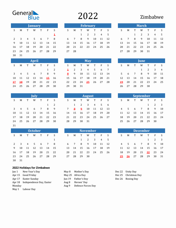 Zimbabwe 2022 Calendar with Holidays