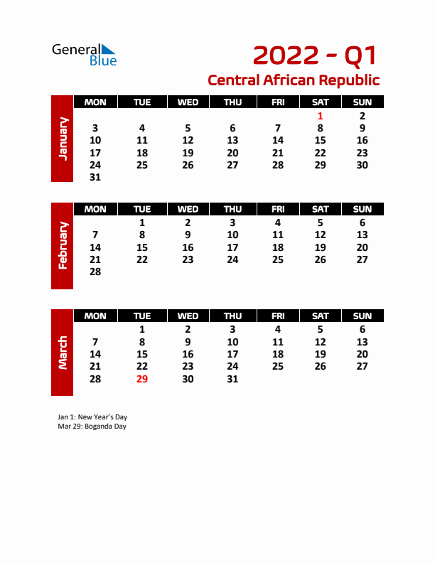 Q1 2022 Calendar with Holidays in Central African Republic