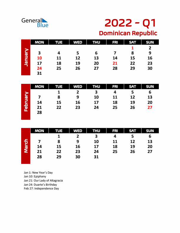 Q1 2022 Calendar with Holidays in Dominican Republic