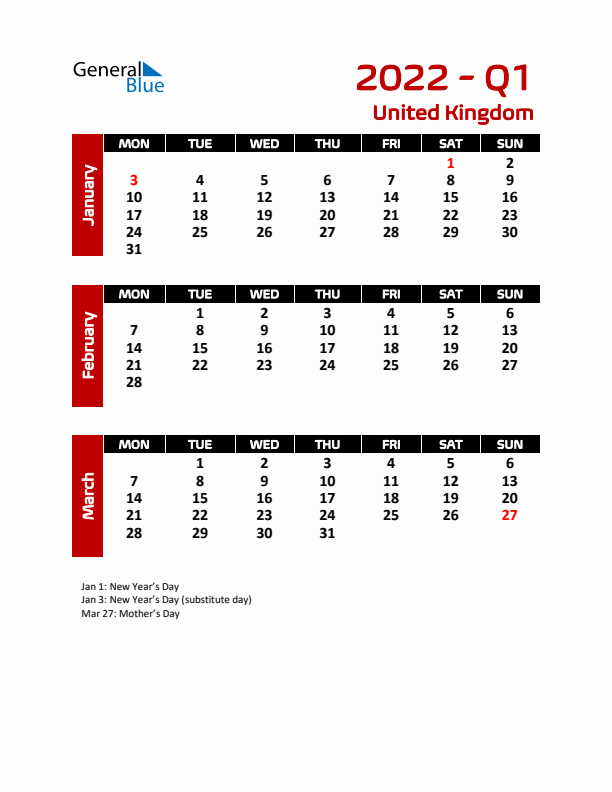 Q1 2022 Calendar with Holidays in United Kingdom