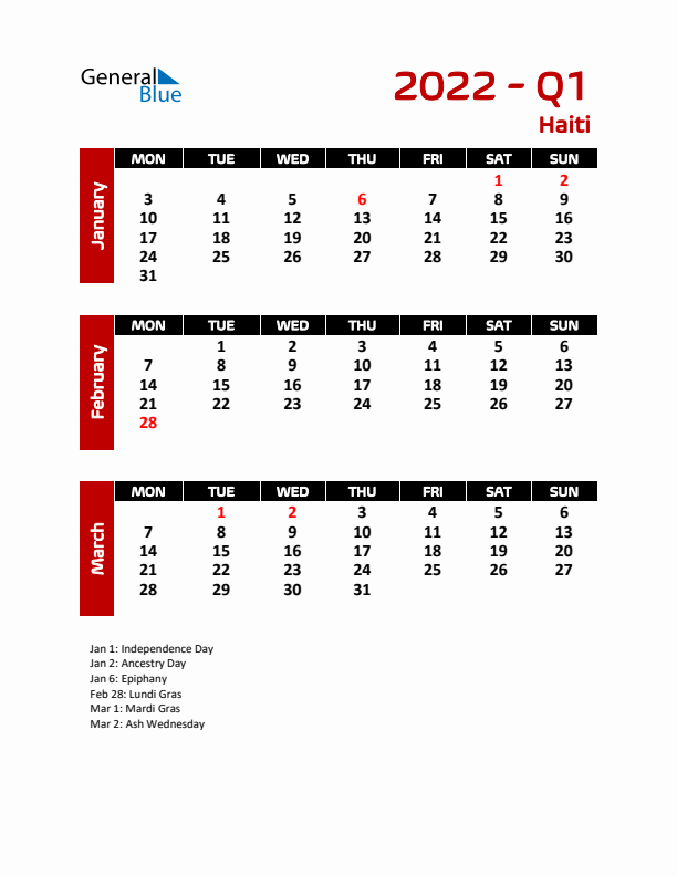 Q1 2022 Calendar with Holidays in Haiti