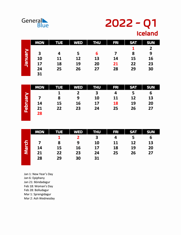 Q1 2022 Calendar with Holidays in Iceland