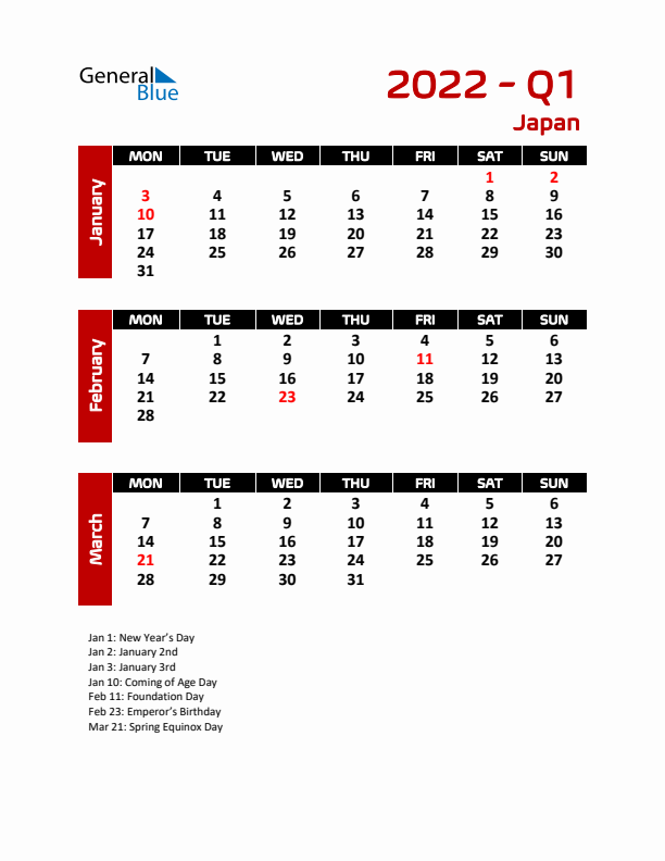 Q1 2022 Calendar with Holidays in Japan