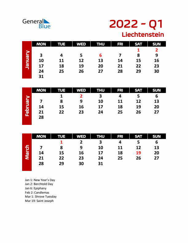 Q1 2022 Calendar with Holidays in Liechtenstein