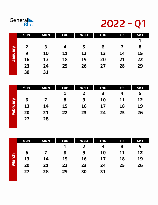 Editable Quarterly Calendar (Sunday Start)