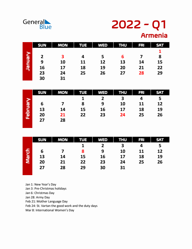 Q1 2022 Calendar with Holidays in Armenia