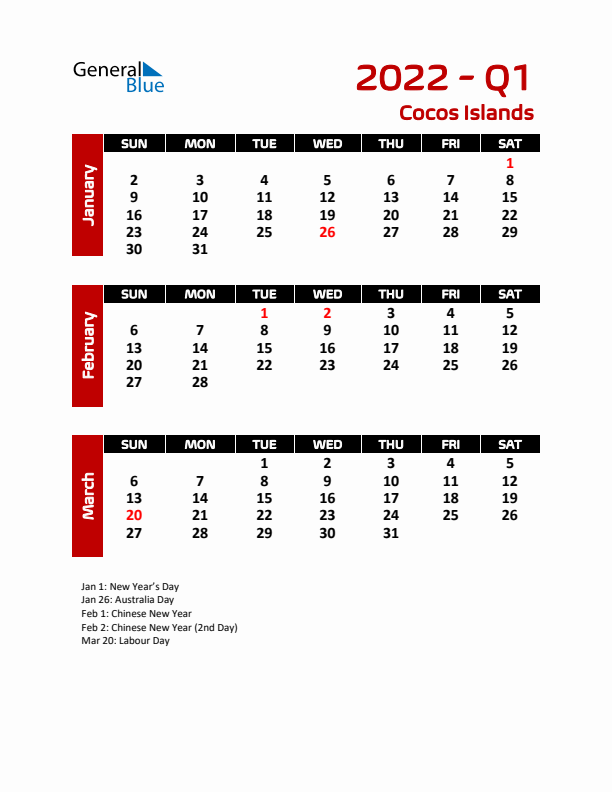 Q1 2022 Calendar with Holidays in Cocos Islands