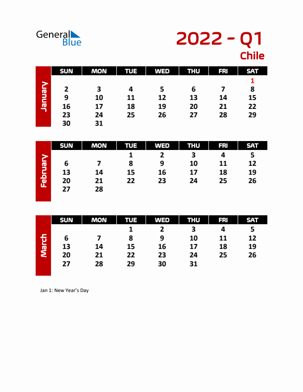 Q1 2022 Calendar with Holidays in Chile